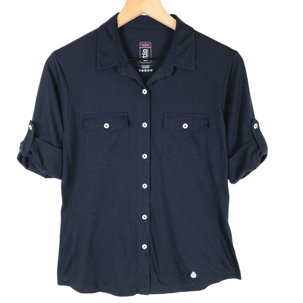 STIO Knit Roll Tab Short Sleeve Button Up Shirt Women's M Navy Blue Outdoor